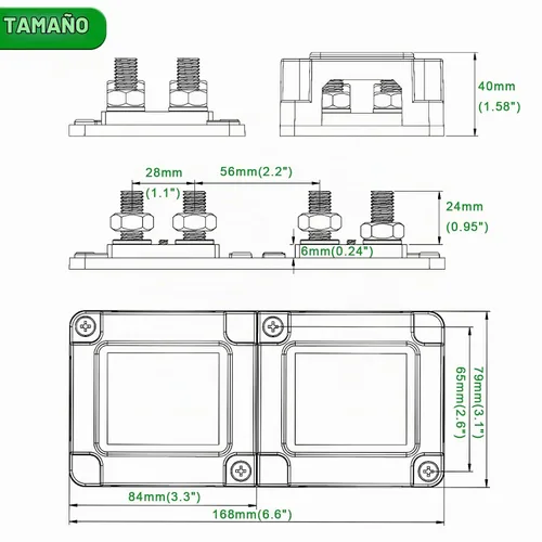 Vista 7 de Barra colectora 400A 12V-48V CC Bloque de distribución de energía de cobre resistente, 8XM10 (3/8 pulgadas), módulo independiente negativo positivo