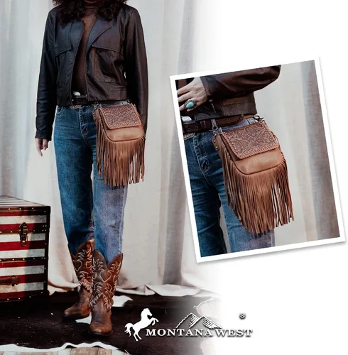 Vista 2 de Montana West Bolso bandolera occidental de cuero genuino con flecos para mujer
