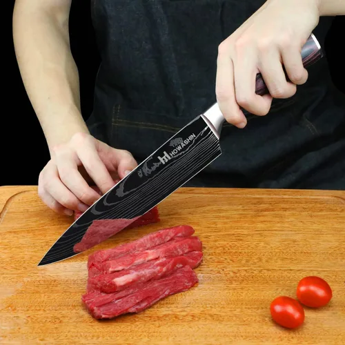 Vista 3 de Juego de cuchillos de cocina de acero inoxidable alemán, 3 piezas, cuchillo de chef de alto carbono, mango ergonómico de madera