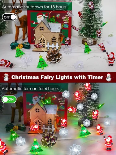 Vista 4 de Guirnalda de luces de Navidad, 10 pies, 30 LED, árbol de Navidad, Papá Noel, copo de nieve, luces de hadas, funciona con pilas, con control remoto