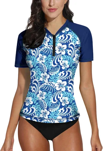 Vista 25 de BesserBay Camiseta de natación de manga corta con cremallera UPF 50+ para mujer, de secado rápido
