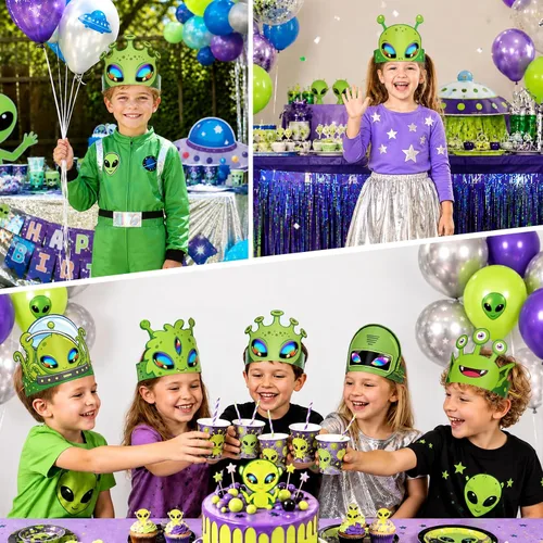 Vista 7 de WERNNSAI 12 coronas de fiesta de cumpleaños para niños, coronas de papel Alien