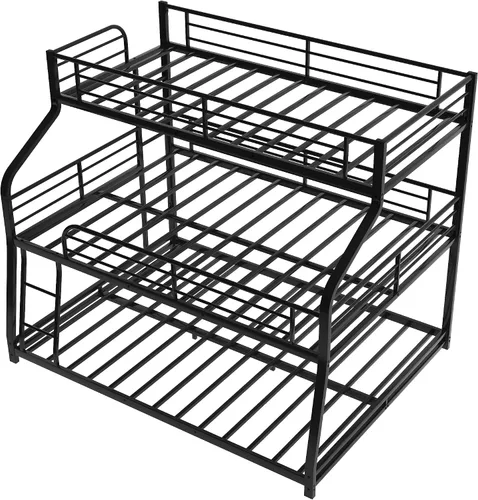Vista 4 de Flieks Cama triple de metal individual XL sobre matrimonial XL sobre cama Queen con escaleras, litera para familia, adolescentes, no necesita somier
