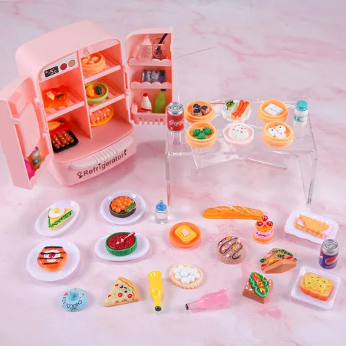 Vista 6 de 95 piezas de refrigerador de casa de muñecas en miniatura, mini nevera, mesa, coche de comedor, juguete con juego de comida, muebles de cocina