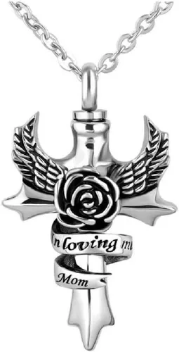 Vista 9 de Collar de urna de alas de ángel con cruz para cenizas en memoria amorosa, papá, mamá, abuela, abuelo, hermano, hermana, tía, hijo, cremación