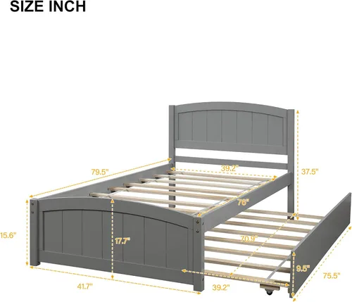 Vista 2 de Merax Cama de plataforma de madera con nido – Cama individual soporte de listones de madera, no necesita somier, gris