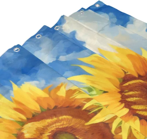 Vista 3 de YLATY2314 - Cortina de ducha de girasol para baño, pintura al óleo, hojas verdes, flores, bohemio, tela amarilla abstracta, moderna, impermeable