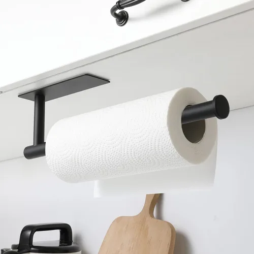 Vista 2 de theaoo - Toallero de papel para debajo del gabinete para cocina, toallero adhesivo para baño, montado en la pared, negro mate, acero inoxidable
