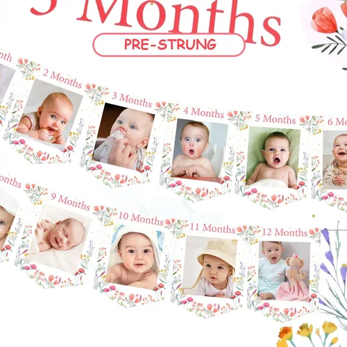 Vista 5 de Cartel de fotos de primer cumpleaños con tema de flores silvestres de recién nacido a 12 meses para niñas, registro de crecimiento mensual de hitos