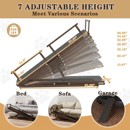 Vista 2 de Rampa para perros para cama, 7 niveles ajustables (13-37 pulgadas), rampa para perros de madera de abedul para cama alta, sofá, plegable de 60 Marrón