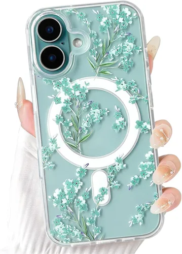 Vista 40 de NITITOP Funda magnética transparente compatible con iPhone 14 Plus/15 Plus, compatible con MagSafe lindas flores, hojas florales para mujeres