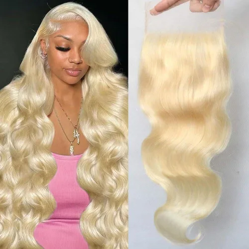 Vista 12 de QTHAIR Extensiones de cabello humano brasileño ondulado de grado 18A #613 con cierre de encaje HD 4x4
