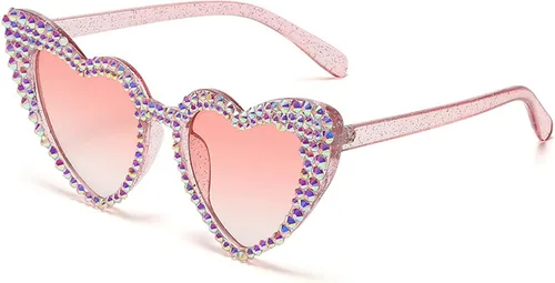Vista 2 de mincl Lindas gafas de sol de corazón para mujer, de moda, brillantes, con diamantes de imitación, poligonales, color rosa, protección UV