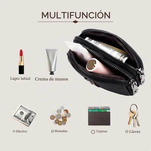 Vista 2 de Monedero de cuero para mujer, billetera pequeña para mujer, bolsa de cambio A-Negro