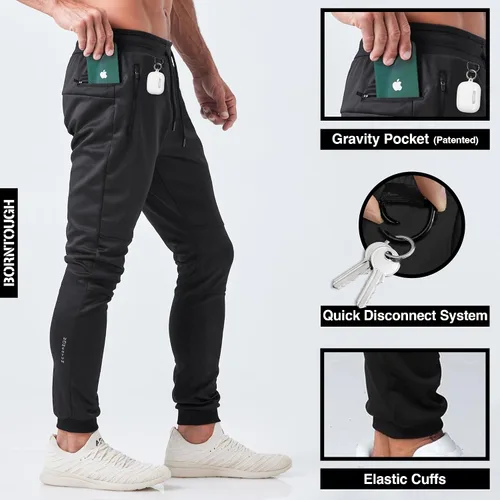 Vista 2 de Born Tough Pantalones deportivos de entrenamiento ajustados para hombre, para fisicoculturismo, gimnasio, pantalones deportivos con bolsillos