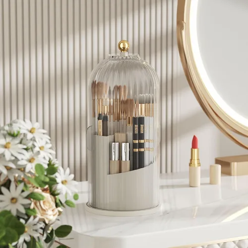 Vista 6 de Organizador de cuidado de la piel, organizador giratorio de 360 grados para brochas de maquillaje con tapa, organizador de brochas de maquillaje