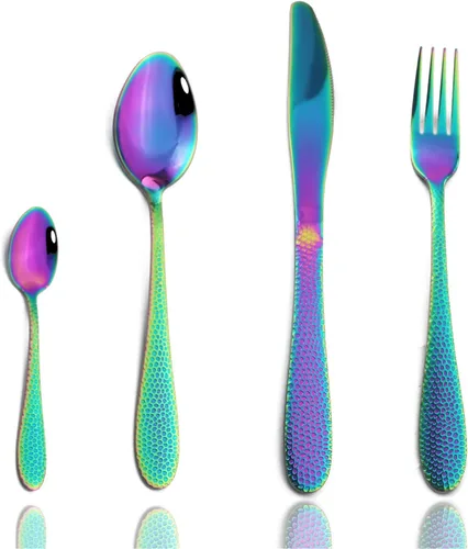Vista 13 de JASHII Juego de cubiertos de acero inoxidable martillado de 16 piezas servicio de utensilios de alimentación para 4, vajilla moderna juego de Negro