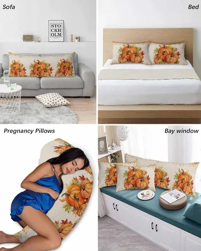 Vista 6 de Funda de almohada corporal de calabazas de otoño, fundas de almohada suaves decorativas para sofá largo y lumbar, funda de cojín con cierre