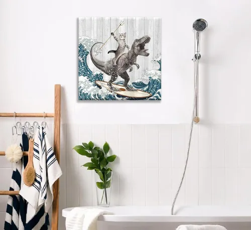 Vista 5 de WWN Divertido arte de pared de dinosaurio para montar en gato, divertido arte de pared de T-Rex Surfing, pintura para decoración de pared, póster