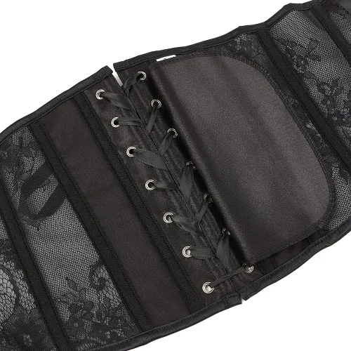 Vista 7 de SHYMMUO Womens Black Underbust Corset Satin Boned Waist Training Cincher Lace Corset Lingerie Set