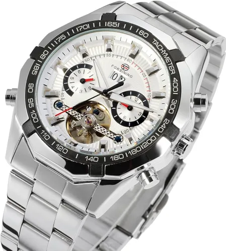 Vista 5 de FORSINING Reloj automático Tourbillion transparente para hombre con calendario pulsera de acero inoxidable, Moderno