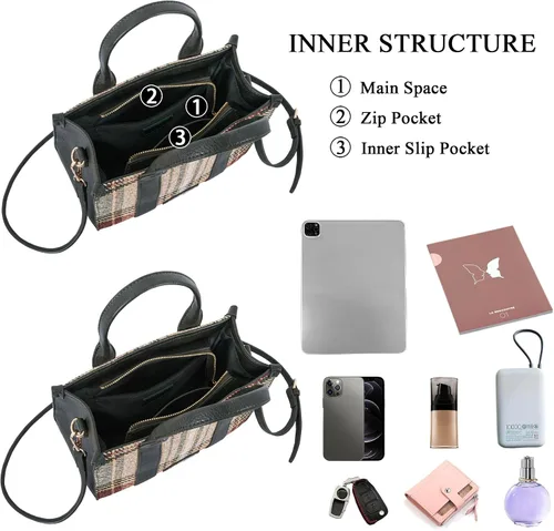 Vista 8 de Bolso a cuadros para mujer, bolso a cuadros con asa superior, bolsa de trabajo, bolsa de hombro cruzada para viajes de oficina