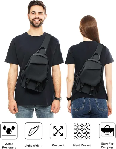 Vista 7 de Black Sling Bag for Men Women, Mini Anti Theft One Strap Motorcycle Sling Backpack, Small Sling Chest Bag Daypack Crossbody Backpack for Casual