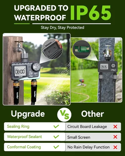 Vista 3 de RAINPOINT Temporizador de agua para manguera de jardín, temporizador de rociador de 2 zonas con retardo de lluvia, riego manual, riego automático