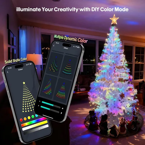 Vista 2 de Super RGB Luces inteligentes para árbol de Navidad de 6 pies, 400 LED, luces de árbol de Navidad que cambian de color con anillo y estrella