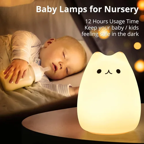 Vista 5 de Lámpara LED de mesilla de noche con forma de gato, multicolor silicona suave para habitación del bebé, control, blanco cálido y 7 modos de luz