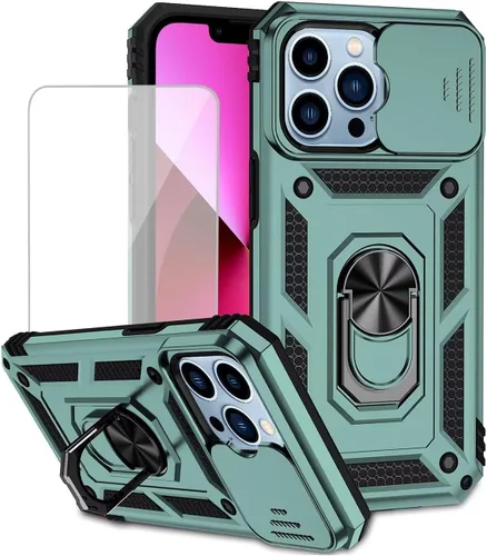 Vista 10 de Funda para iPhone 13 Pro Max de 6.7 pulgadas con protector de pantalla de vidrio templado y cubierta para cámara deslizante, anillo magnético Azul
