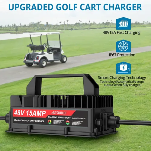 Vista 2 de AUTOUTLET Cargador de carrito de golf de 48 V y 15 amperios, carga rápida con tecnología inteligente para batería de plomo ácido, cable extralargo