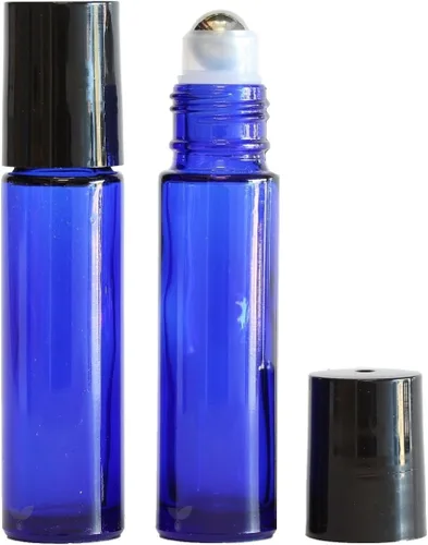 Vista 2 de Botellas enrollables de vidrio azul cobalto con bolas enrollables de acero inoxidable (0.3 onzas líquidas) para aceites esenciales, colonias