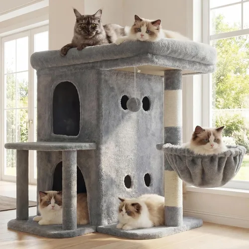 Vista 11 de Heybly Árbol para gatos, torre para gatos de 25.6 pulgadas con amplia percha superior para gatos grandes, muebles de casa para gatos estilo escalera