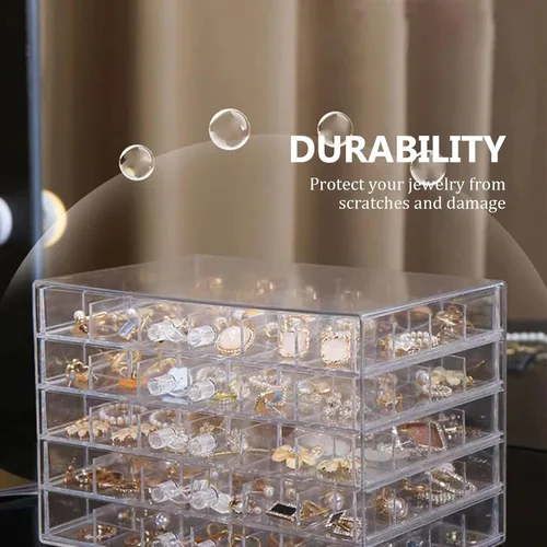 Vista 3 de CHADWICK Caja organizadora de joyas de acrílico con cajones de 5 capas y 120 rejillas, organizador transparente para aretes con tapa, caja