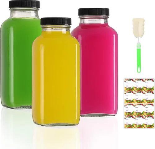 Vista 10 de AuroTrends Botellas de vidrio de 12 onzas con tapas 12Pack, botellas de vidrio de 360ml para jugos, agua, kombucha - Botellas de vidrio