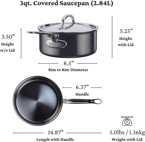 Vista 2 de Hestan NanoBond Molecular - Cacerola de titanio con tapa, 3 cuartos de galón, acero inoxidable sin PFAS, 4 veces más fuerte, apta para horno de 1050