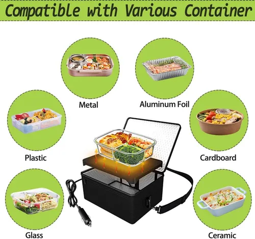 Vista 5 de Horno portátil, calentador de alimentos para automóvil de 12 V, portátil, mini horno personal, lonchera eléctrica con calefacción para comidas