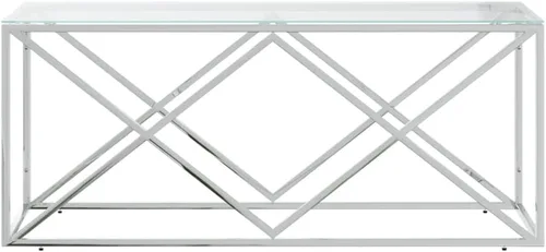 Vista 4 de Mesa de centro de acero inoxidable plateado, vidrio templado, 17.7 x 43.3 x 17.7 pulgadas, muebles de sala de estar rectangulares modernos, mesa