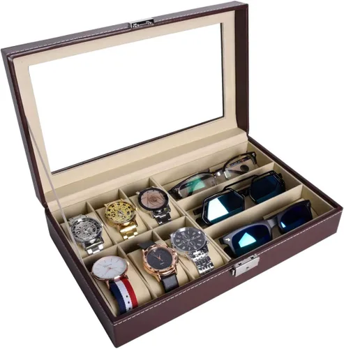 Vista 9 de AUTOARK AW-004 - Caja de cuero para 6 relojes y 3 lentes y gafas de sol con organizador de joyas, cajas de almacenamiento para hombre y mujer, tapa