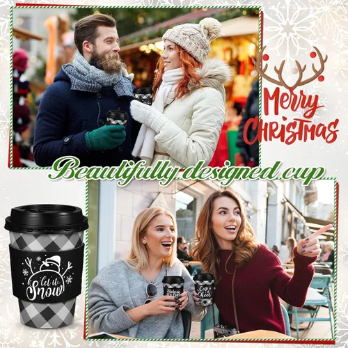 Vista 5 de Layhit 100 Piezas Tazas de Café Navideñas de Cuadros Buffalo, Vasos de Papel Navideños Desechables con Tapas, Fundas y Pajitas Removedoras