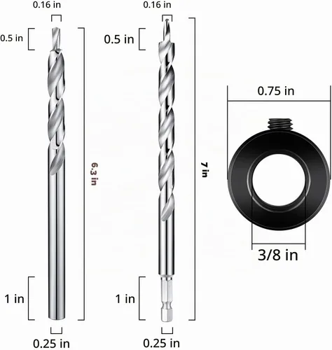 Vista 2 de 4 piezas de broca de orificio de bolsillo de 3/8 pulgada con collar de tope de profundidad, vástago hexagonal de 1/4 y vástago redondo de repuesto