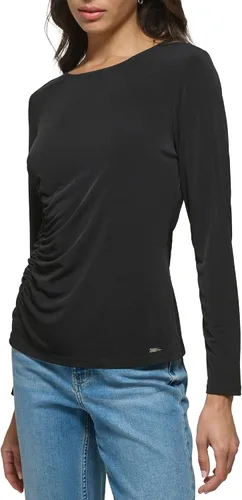 Vista 2 de Calvin Klein Jersey mate de moda para mujer, de manga larga, con laterales fruncidos