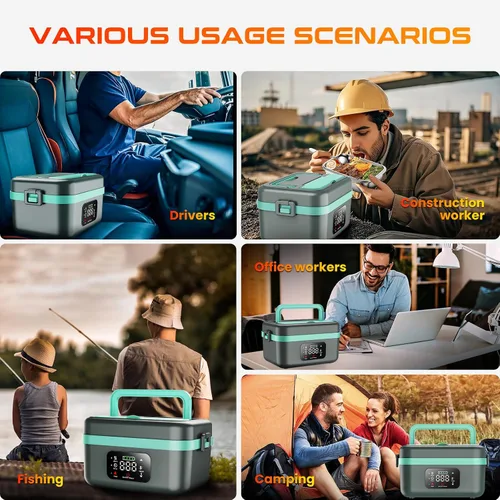 Vista 4 de Fiambrera eléctrica sin cable para almuerzo con calefacción para hombres, adultos y mujeres, batería recargable con calefacción automática