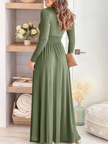 Vista 4 de ANRABESS - Vestido largo de manga corta con cuello en V profundo para mujer, plisado, cintura alta, abertura lateral, para club, fiesta y noche