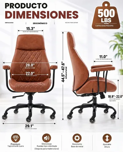 Vista 2 de E-Motie Silla de oficina de cuero, silla de escritorio moderna de mediados Marrón