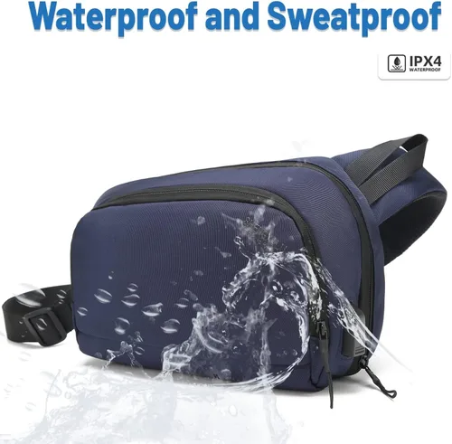 Vista 5 de Riñonera para hombres y mujeres, impermeable, para viajes, correr, con puerto de carga USB, Azul
