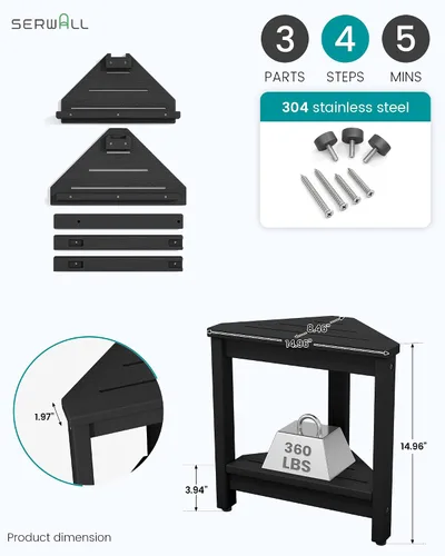 Vista 2 de SERWALL Reposapiés de ducha de 15 pulgadas para afeitarse piernas, taburete de ducha esquinero impermeable para ducha interior, banco de ducha