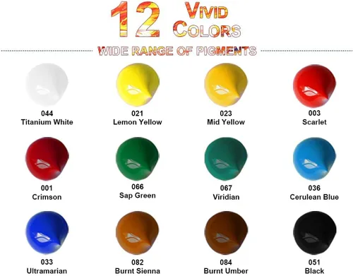 Vista 3 de Juego de pintura acrílica profesional, 12 colores de 0.4 fl oz/0.41 onzas líquidas tubos de pintura artística con 3 pinceles + paleta, pinturas