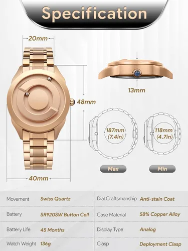 Vista 4 de EUTOUR Reloj de pulsera para hombre, magnético, minimalista, unisex, de acero inoxidable